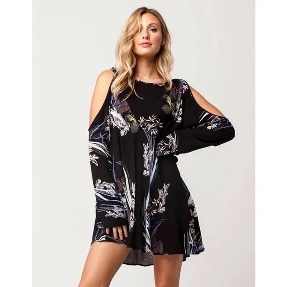 Free People Dress Womens Medium Clear Skies Cold Shoulder Tunic Mini Multicolor